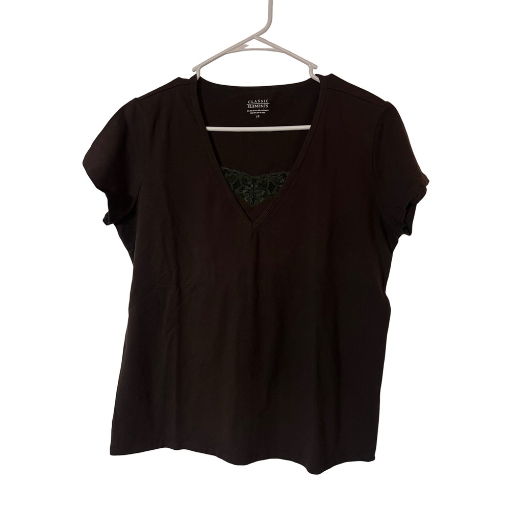 Classic Elements T-Shirt Large Cottagecore Lace Trim V-Neck Brown Short Sleeve - Picture 4 of 5